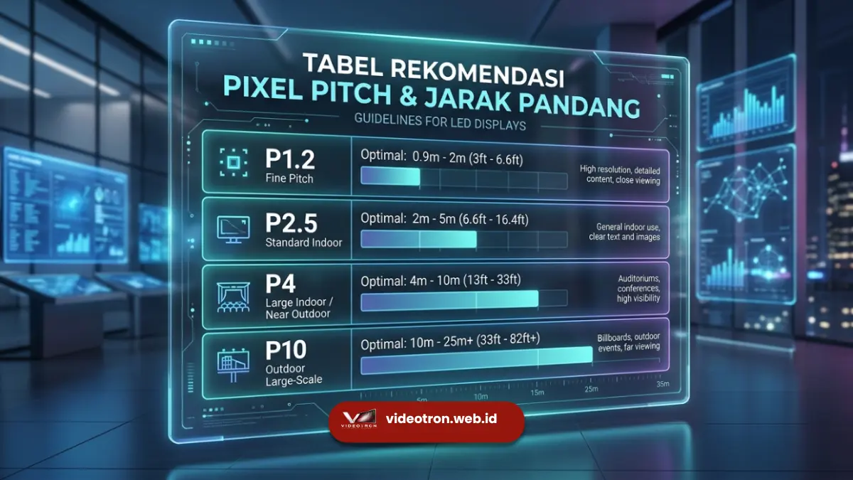 Tabel Rekomendasi Pixel Pitch Berdasarkan Jarak Pandang Videotron